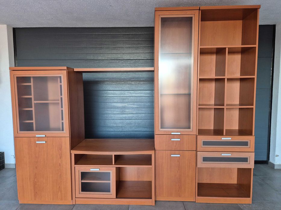 Mesa de sala, móvel de televisão, estante e vitrine.