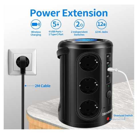 OBVHNUA Listwa zasilająca 18w1 2500W EU USB USB-C indukcja 10W