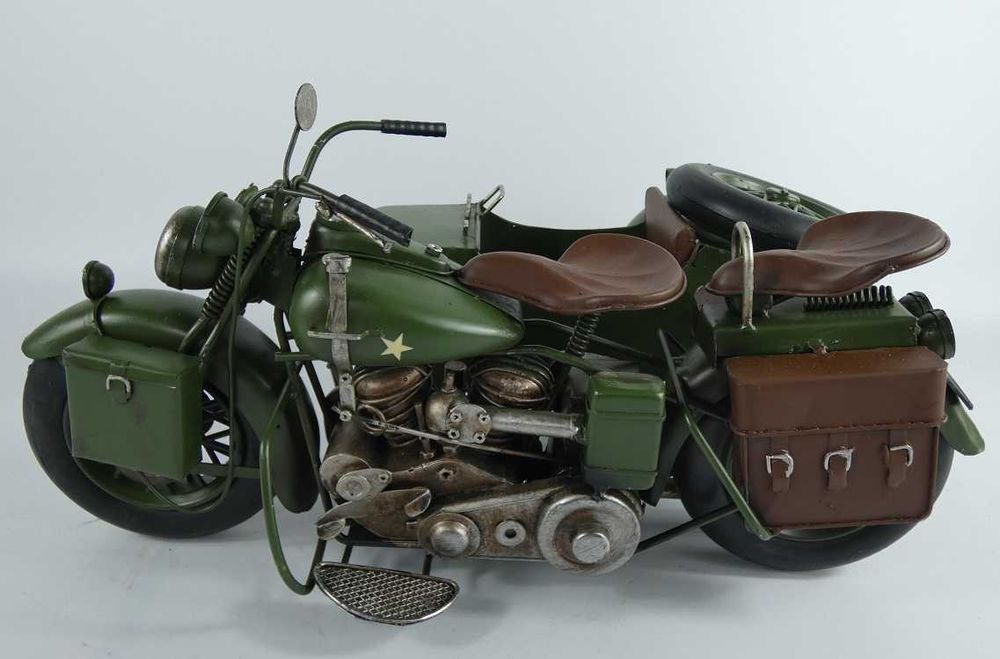 Duży Metalowy wojskowy MOTOCYKL z koszem retro pojazd model motor