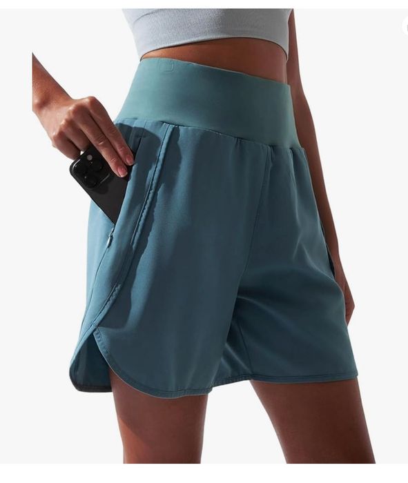Damskie letnie spodenki sportowe do biegania z wysokim stanem, ciemny niebieski, rozm. S, BEBREEZCHIC