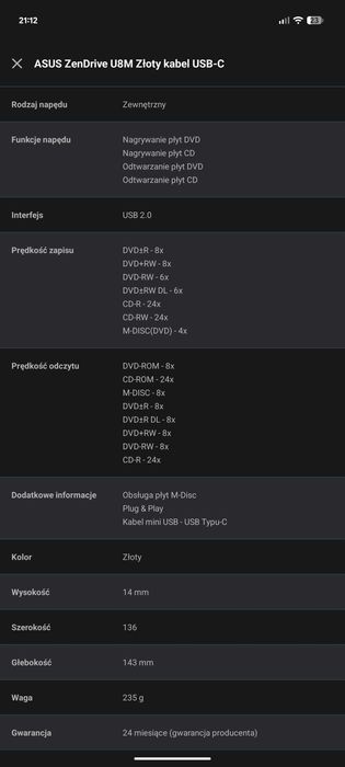 Nagrywarka ASUS ZenDrive U8M Złoty kabel USB-C najnowszy model nagrywa