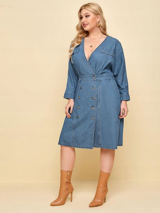 Sukienka jeansowa casual z guzikami dekolt V mini