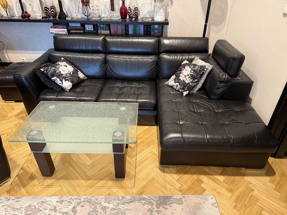 Narożnik skórzany + 2 fotele + pufa | funkcja spania i pojemnik