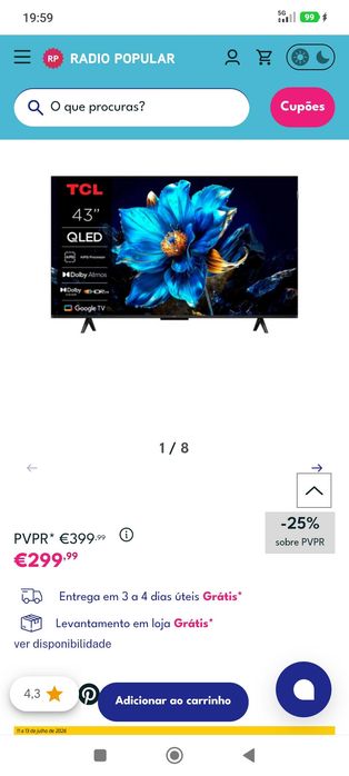 Venda  smart tv TCL 43P7K (QLED-43-109cm 4K Novo