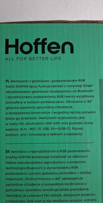 Hoffen Wentylator z Głośnikiem Bluetooth Podświetlenie RGB Radio FM