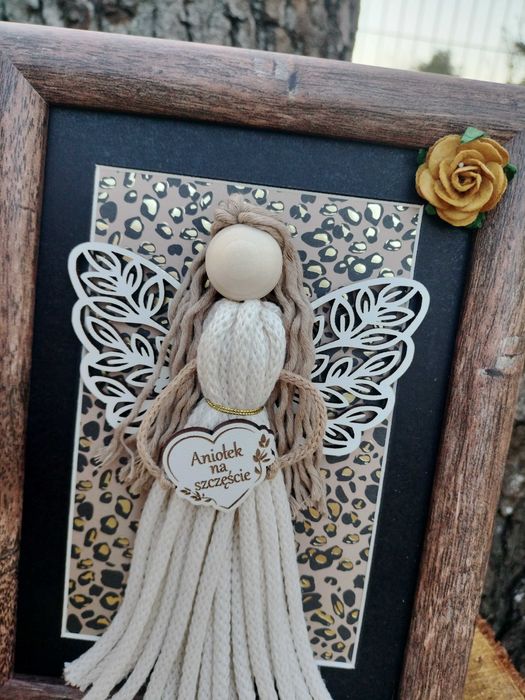 Ramka Aniołek na Szczęście Boho Makrama Dzień Babci Dziadka