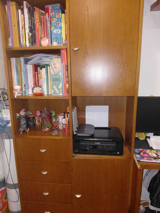 Cama dupla com colchões e estante para quarto de crianças