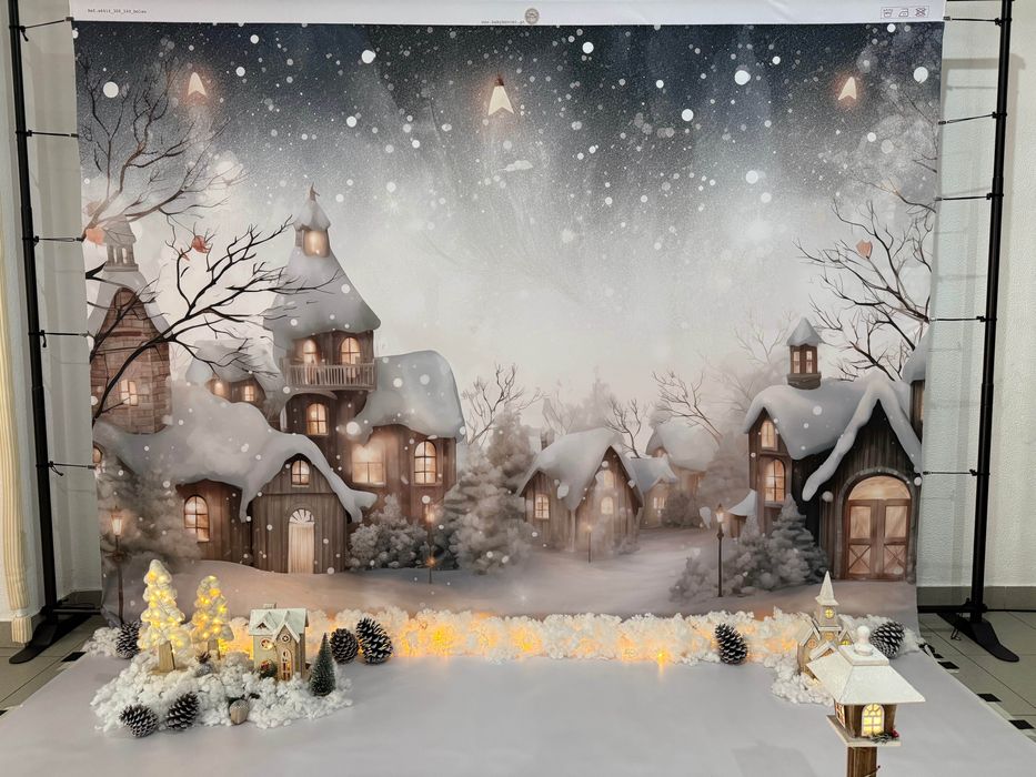 Pano de Fundo Fotográfico Backdrop Natal Aldeia com céu estrelado