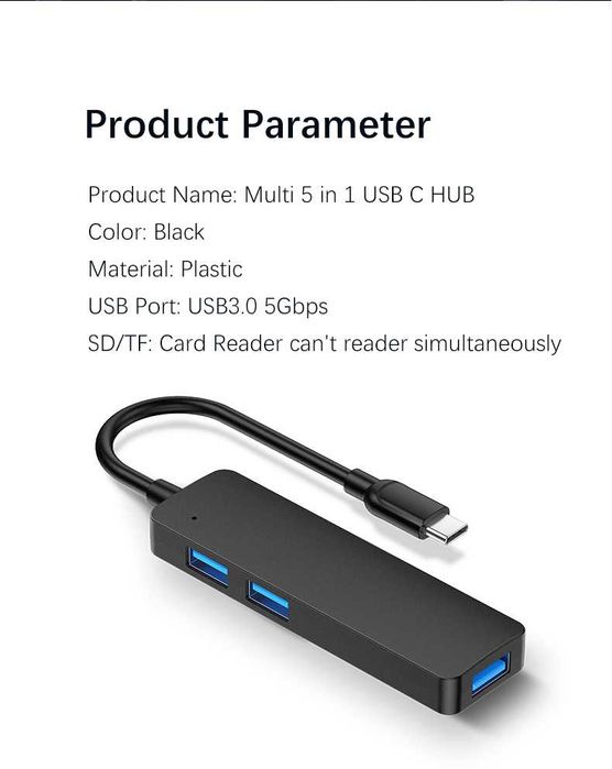 5 w 1 - Hub USB C z czytnikiem kart SD i microSD