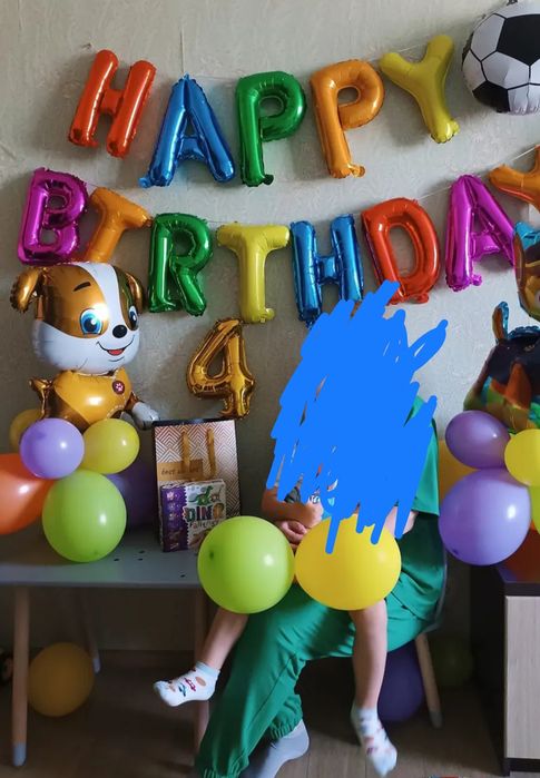 Фотозона "Щенячий Патруль" Крепыш, мяч и надпись Happy birthday. Фольгированные шарики