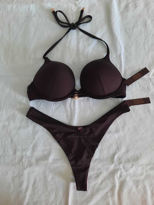 Черный купальник Victoria's secret бомбшелл двойной пуш-ап bombshell S M с пушапом бандо 75С 75В 80А со стразами 85F 80F стринги розовый хаки портупея