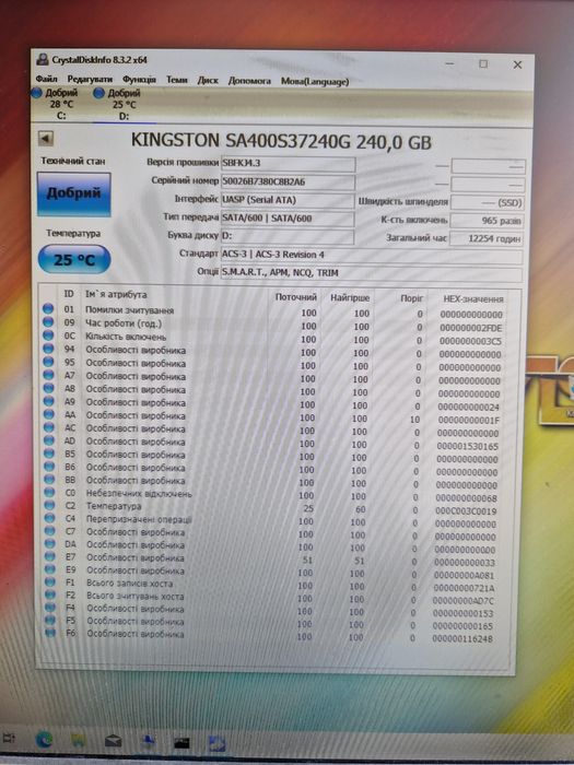 Ssd 240gb Kingston 240gb Стан гарний ссд диск для ноутбука та ПК