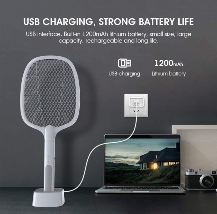 Мухобійка-пастка для комарів, з USB , с УФ-лампой Акумуляторна ракетк