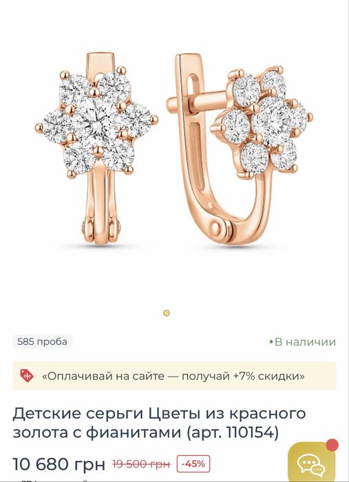 Серьги золотые красное золото с фианитами