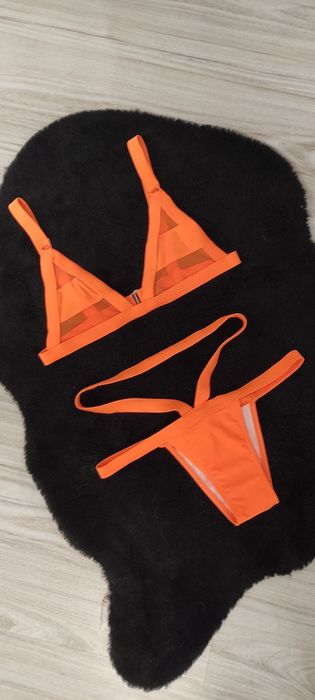 Piękny neonowy strój kąpielowy siateczka wycięte bikini pomarańcz