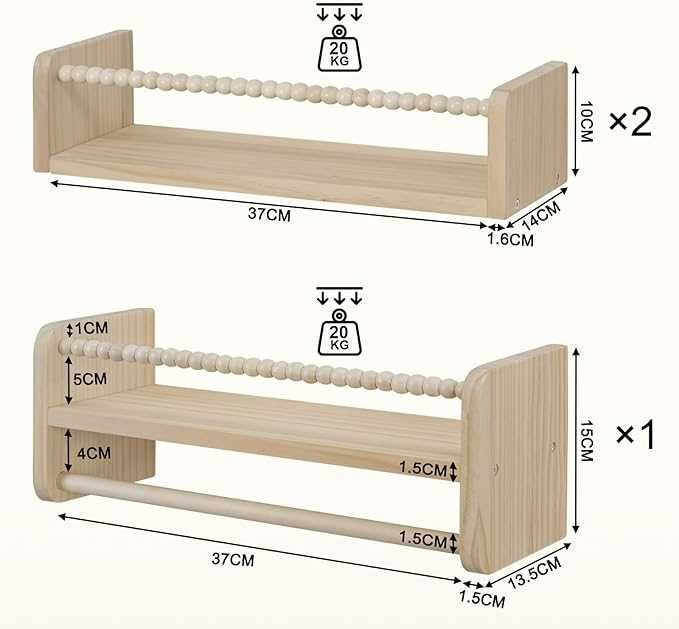 Zestaw 3 wiszących półek na książki dla dzieci, 50 cm, regał ścienny