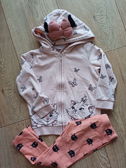 Bluza z kotkiem Mary 98 cm, leginsy w kotki 110 cm