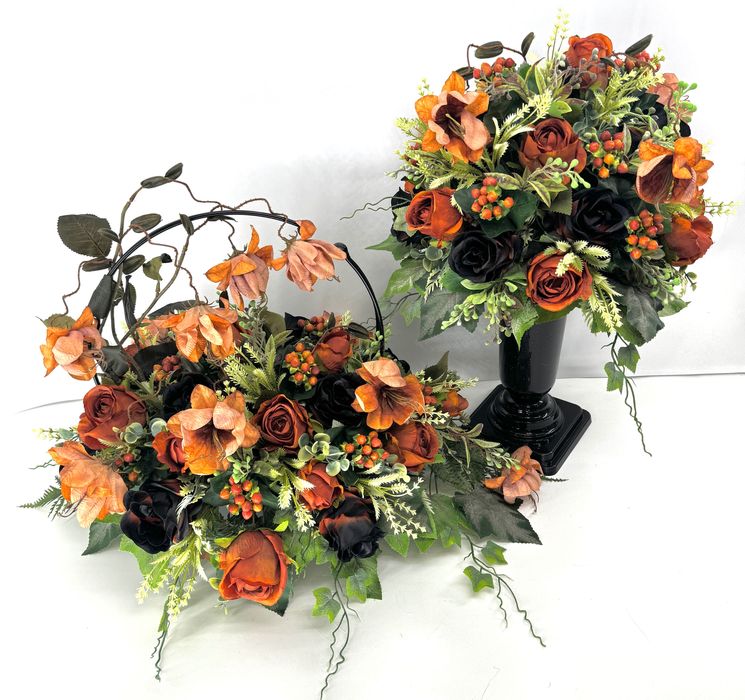 Komplet nagrobny jesienny 2 części stroik z obręczą i bukiet do wazonu