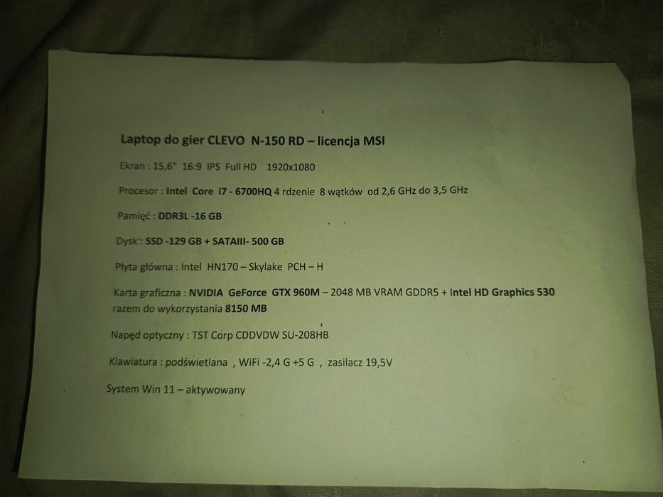 Laptop do gier CLEVO N150RD - licencja MSI
