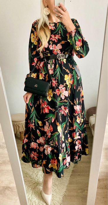 Sukienka Damska w czarna kwiaty długa imprezowa L