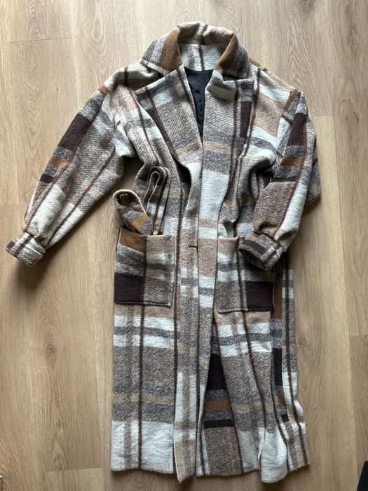 Płaszcz Polski wełniany s/m be smart krata beżowy brązowy