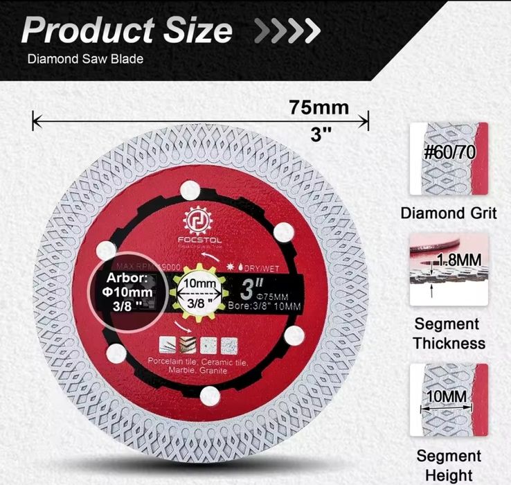 Tarcza diamentowa do gresu, płytek, marmuru 75 mm