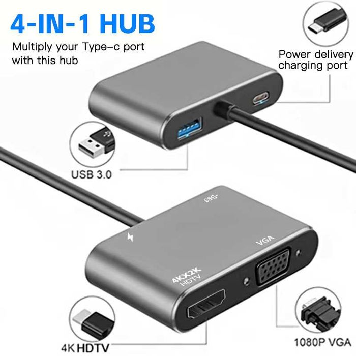 Адаптер Usb type c Hub 4 в 1 HDMI VGA  4K 30Hz хаб hub