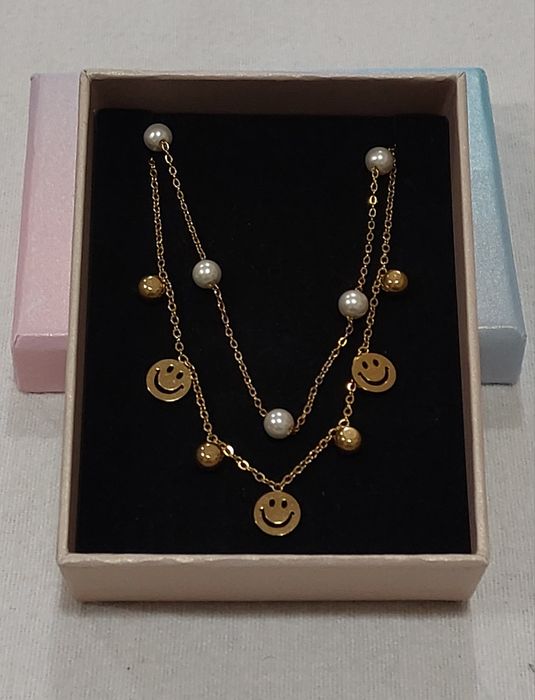 Colar Duplo Pérola e Emoji Smile, Aço
