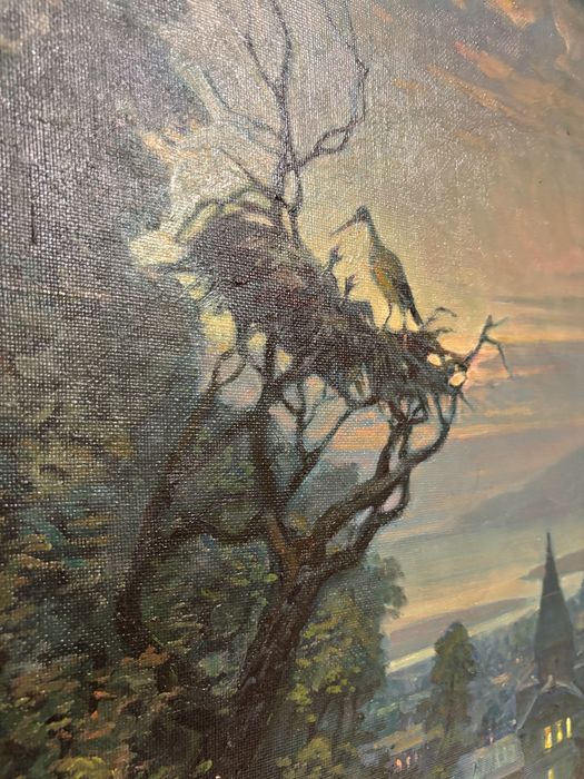 Obraz olejny – nocny pejzaż z bocianami, sygnowany – 58 × 41 cm