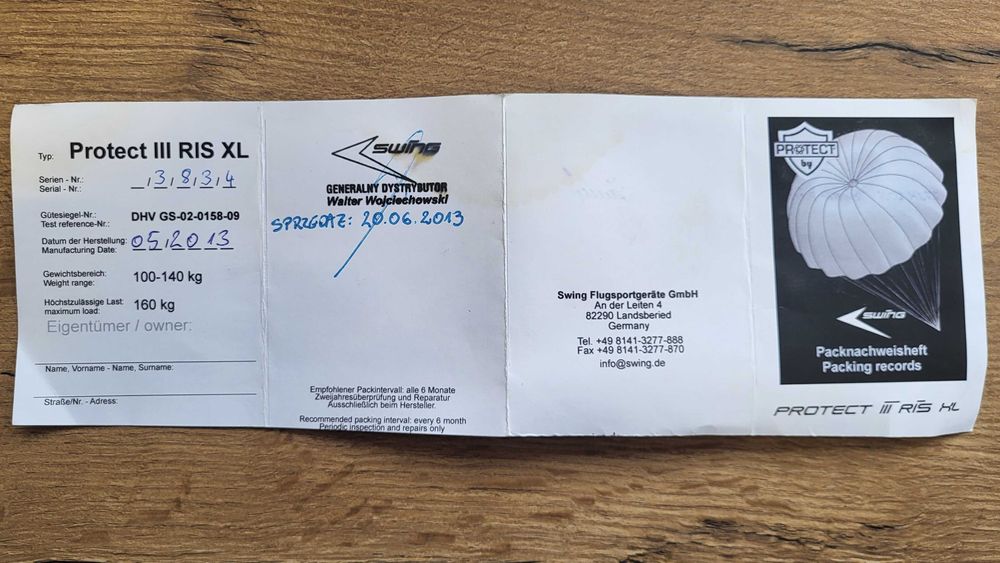 SPADOCHRON zapasowy ppg paralotnia