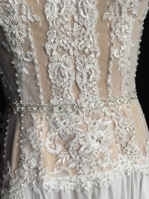 Nowa piękna Suknia ślubna BOHO 34/36 długa góra francuska koronka