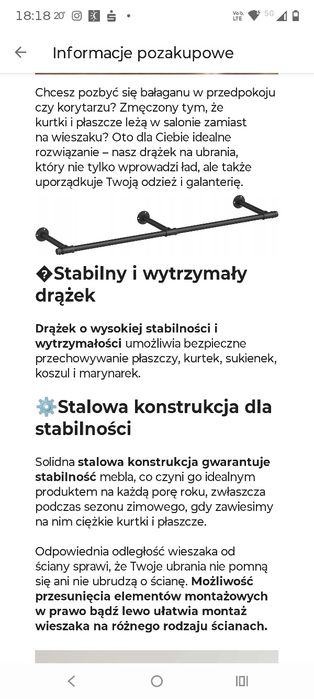 Wieszak ścienny,drążek czarny