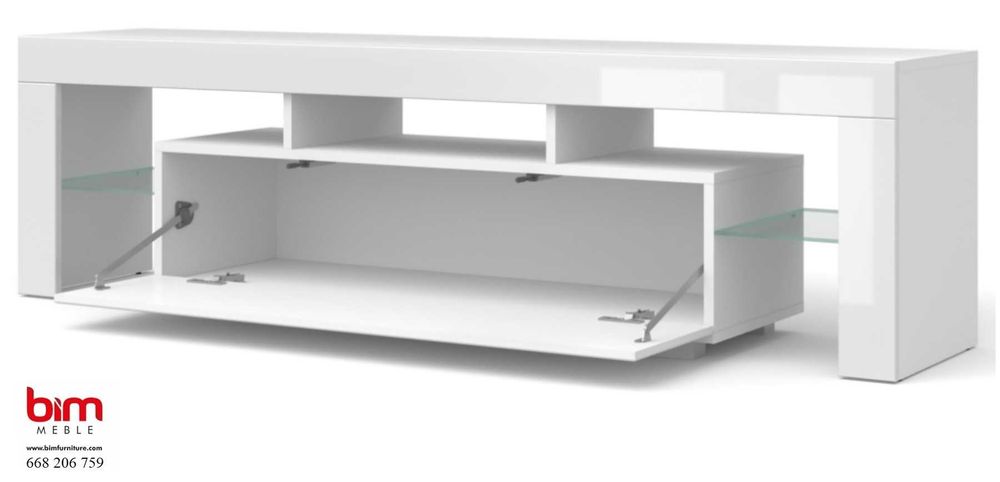Szafka RTV 160 cm biały mat (korpus) / biały połysk (fronty)
