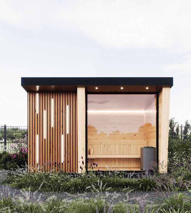Nowoczesna sauna ogrodowa S1 DELUXE, Modrzew, sucha, zewnętrzna