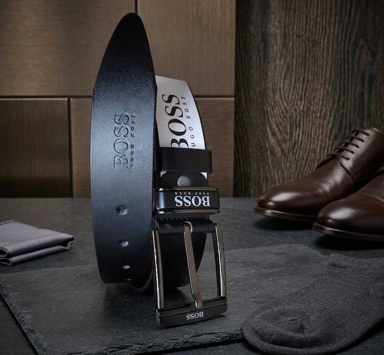 Czarny męski skórzany pasek Boss 130 cm