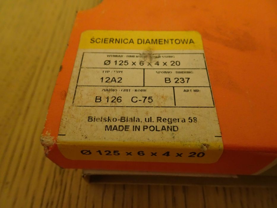 Ściernica diamentowa 125 x6 x 4 x 20 mm. B126 C 75 tarcza ścierna 12A2