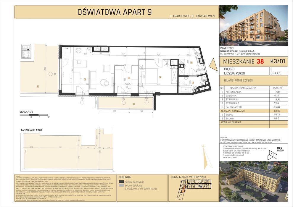 Starachowice centrum, Mieszkanie M3 z tarasem, Stan deweloperski, Nowy budynek