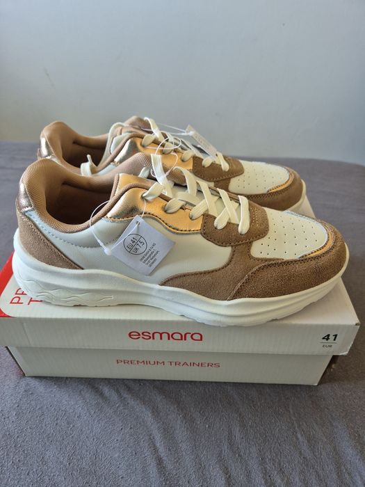 Buty Esmara premium skóra naturalna sneakersy beżowe złote r. 41