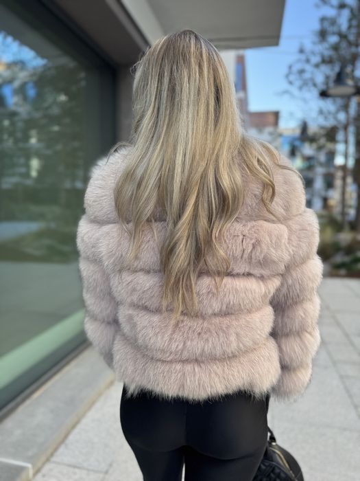 Futro naturalne z lisa pudrowy róż s 36 Mega gęste 2 w 1 krótkie