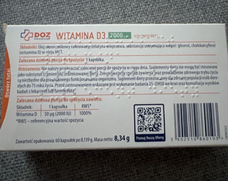 Witamina D3 2000 j m DOZ 60 kapsułek
