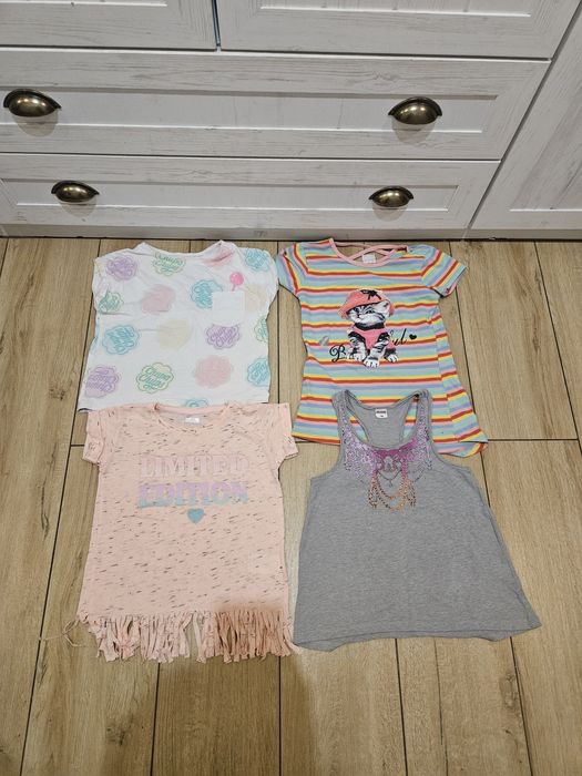 Koszulki krótki rękaw 122 128 dziewczynka napis kot letnie