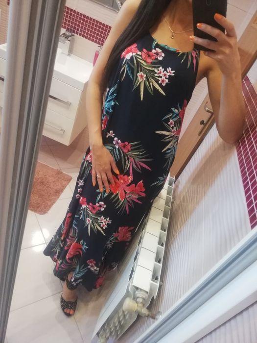 Długa maxi sukienka letnia plażowa kwiaty hiszpanka 40 L 42 XL