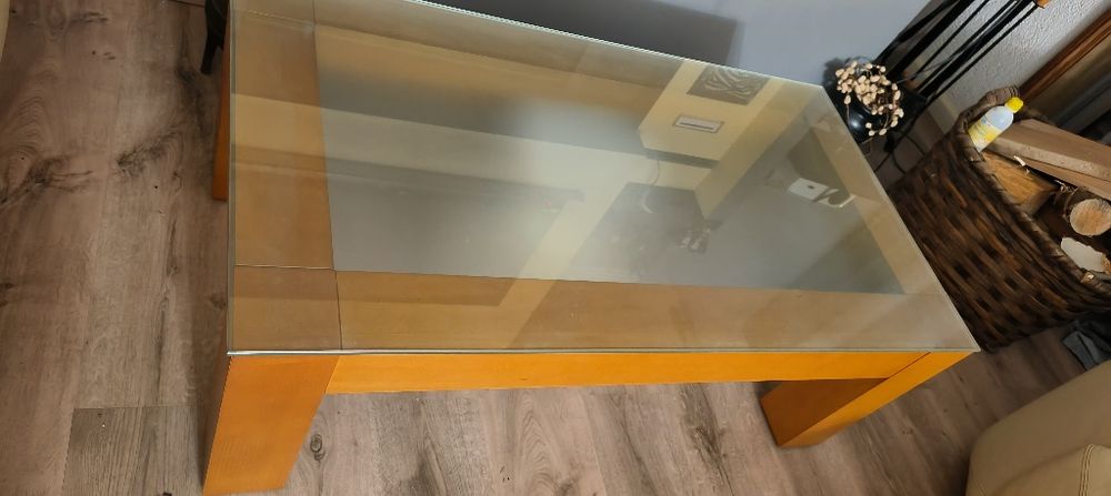 Mesa centro madeira e vidro fosco