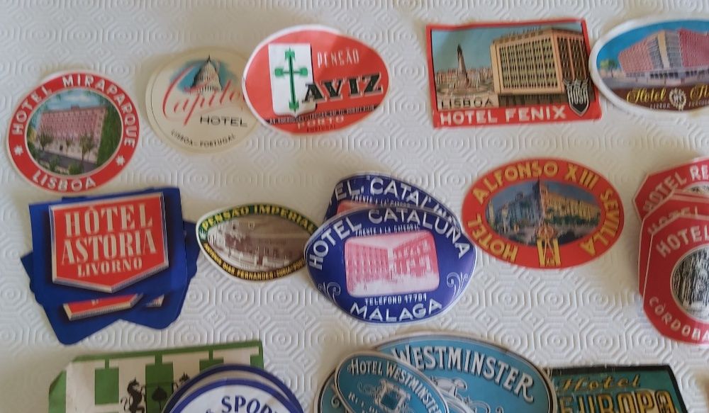 Autocolantes VINTAGE para malas de viagem de hotéis Europa e Angola