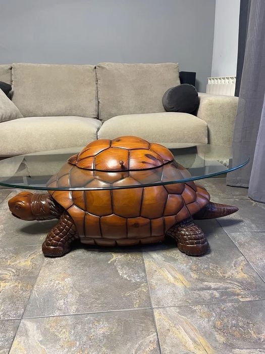 Mesa de Centro Exclusiva "Tartaruga" em Madeira Maciça c/ Tampo de Vidro