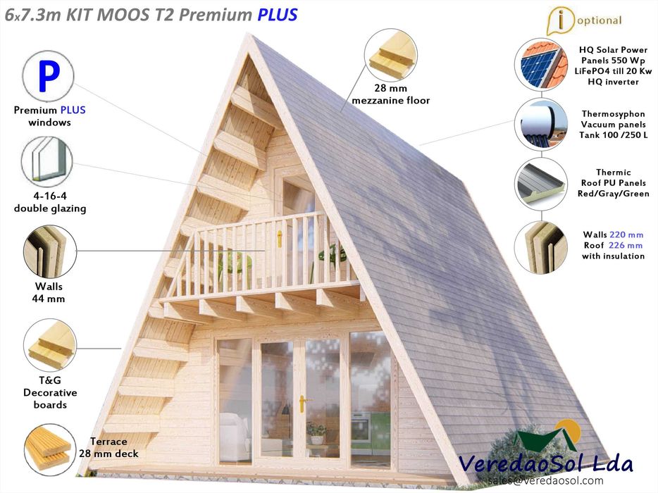 Casa madeira KIT MOOS T2 / Gizeh3 52m² - Telhado 97 m² - Pré fabricada