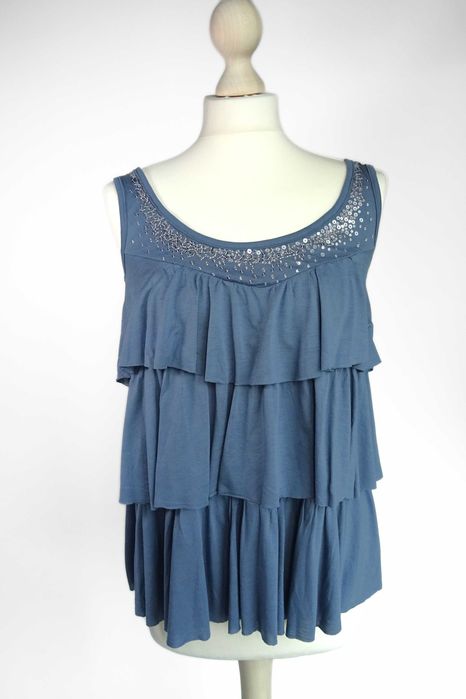 Podkoszulek top, Promod, stalowy niebieski, rozmiar M (38), cekiny falbany disco glamour