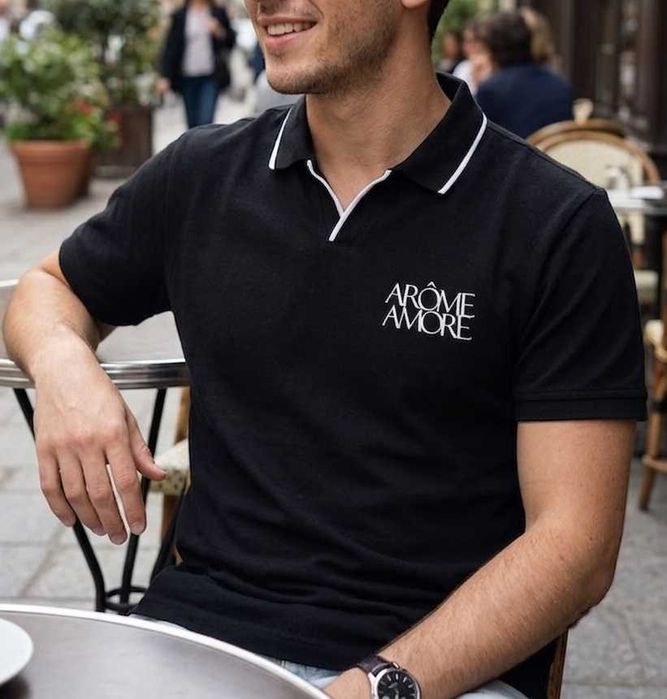 Czarne Polo H&M „Arôme Amore” koszulka polówka bluzka męska 100% Bawełna M