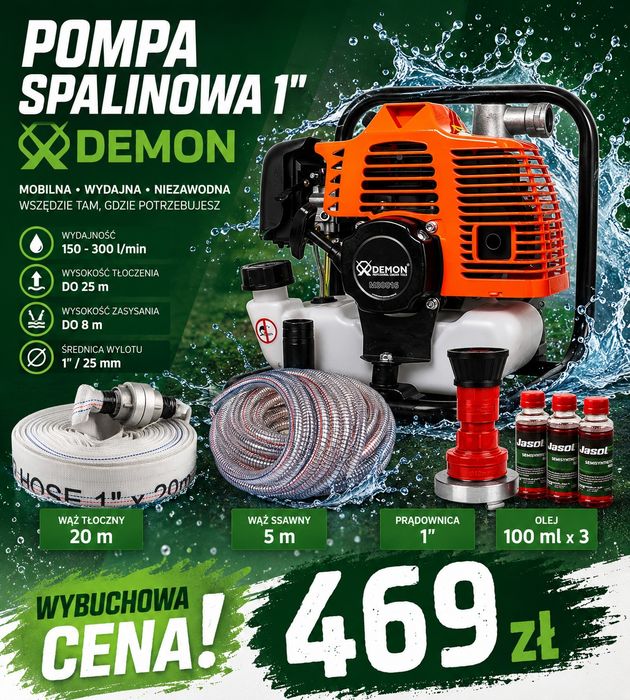 Pompa Spalinowa 1'' Demon 300L/MIN Bardzo Wydajna Mobilna Zestaw KPL