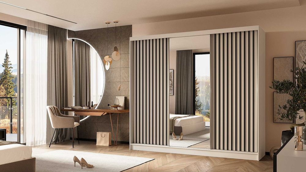 Biała szafa z lamemalmi Lena 240 półki drążek lustro pojemna garderoba DOSTAWA GRATIS